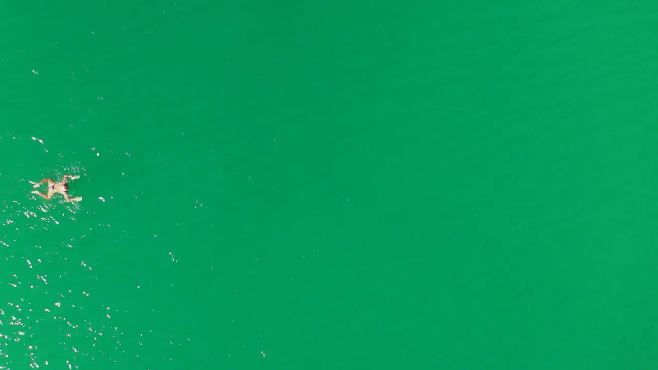 Aerial top down view of girl swimming breaststroke from left to right in green lake water female fitness health and sports shot from drone in 4k resolution