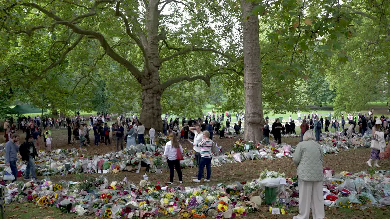 Crowd mourning over death of queen Elizabeth II in green park