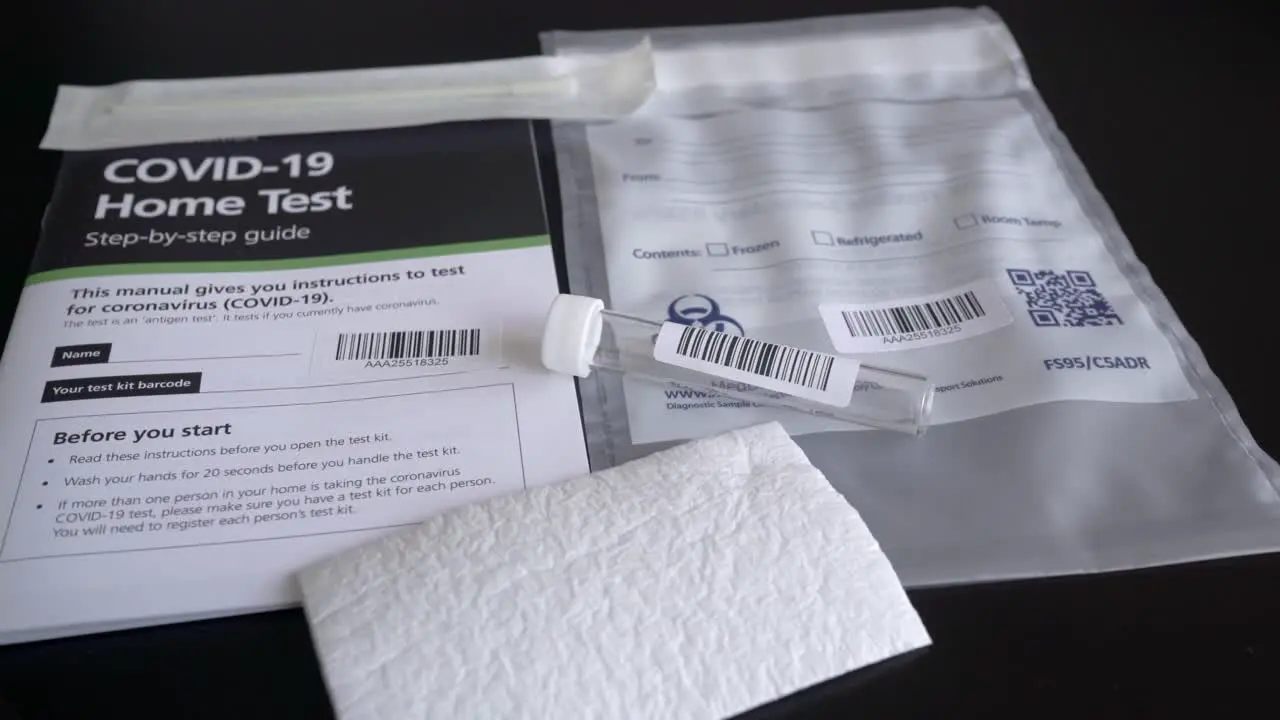 Covid-19 Coronavirus test kit with equipment needed to make a self test swab test