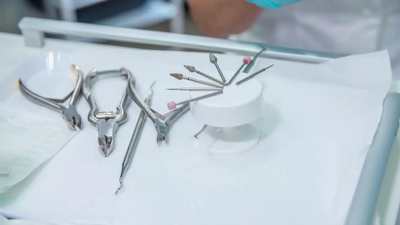 Tray of medical tools and instruments specifically for pedicure