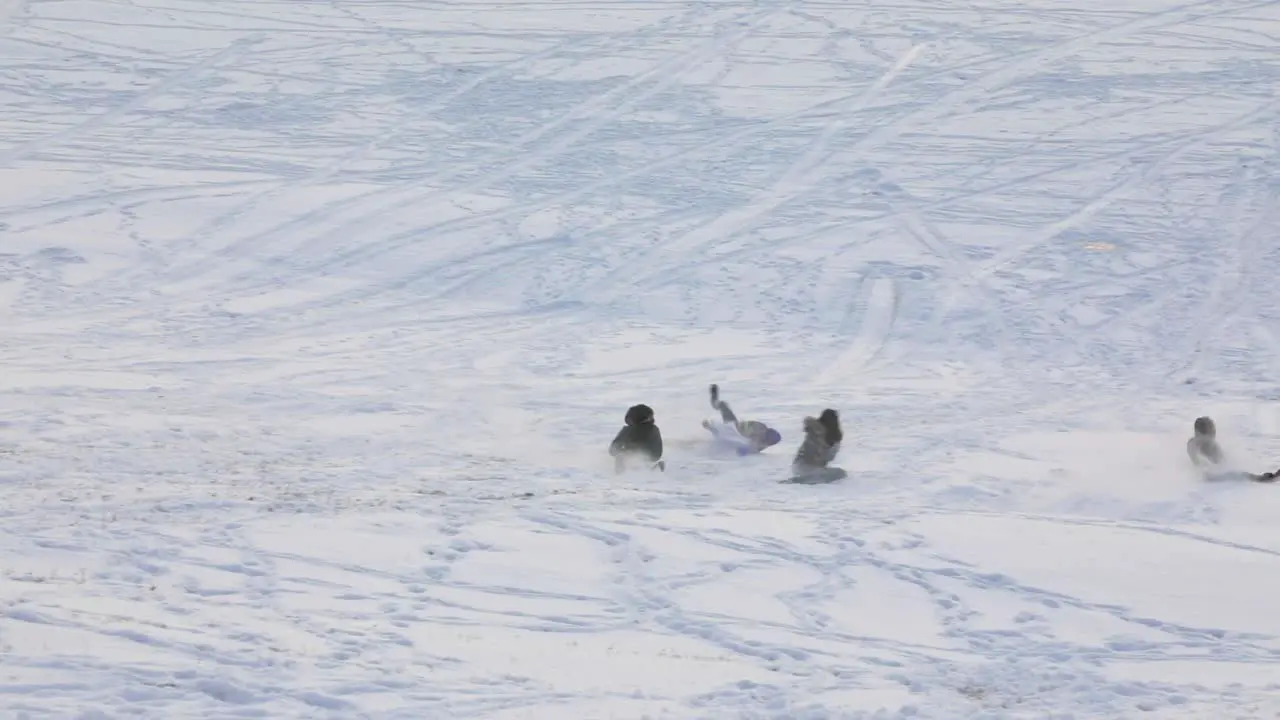 People tobogganing down hill during the winter