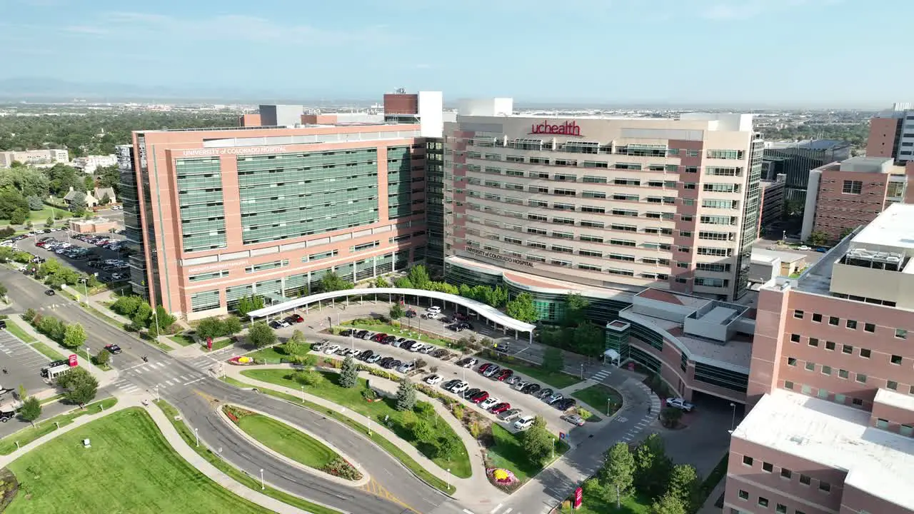 Aerial arc view of UCHealth Anschutz Inpatient Pavilion in Aurora Colorado