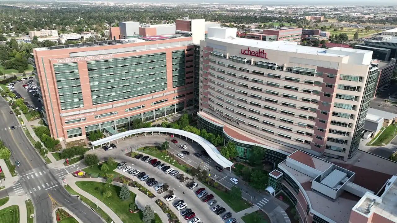 Drone establishing shot of UCHealth Anschutz Inpatient Pavilion Aurora