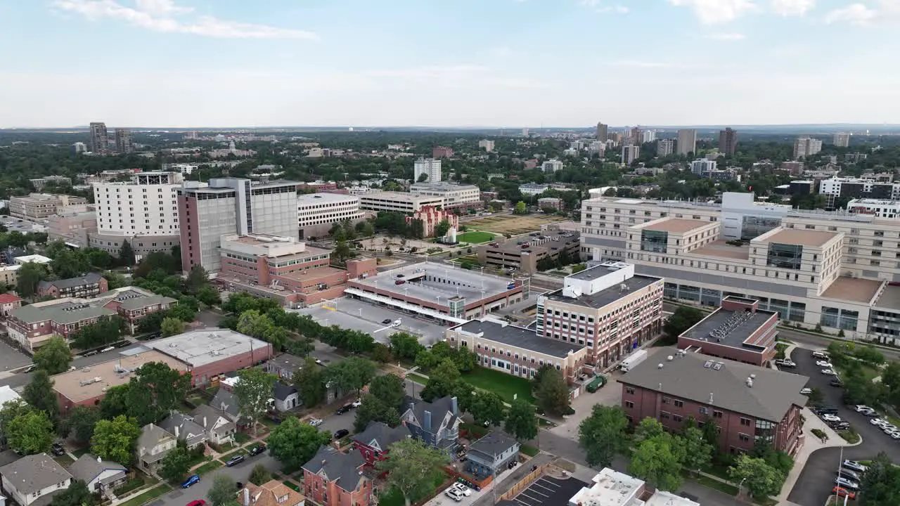 Aerial view of medical healthcare district in City Park West Denver Colorado