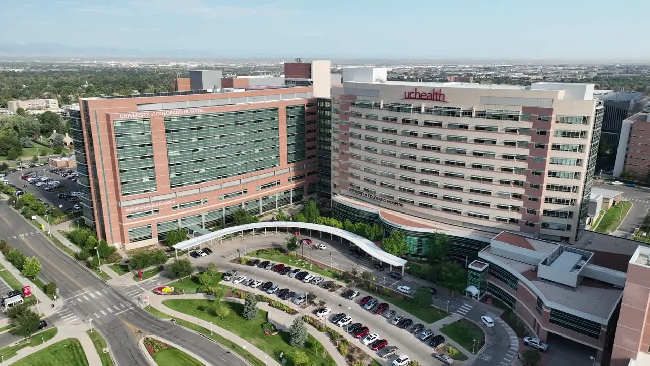 Aurora UCHealth Anschutz Inpatient Pavilion arcing aerial view of entrance