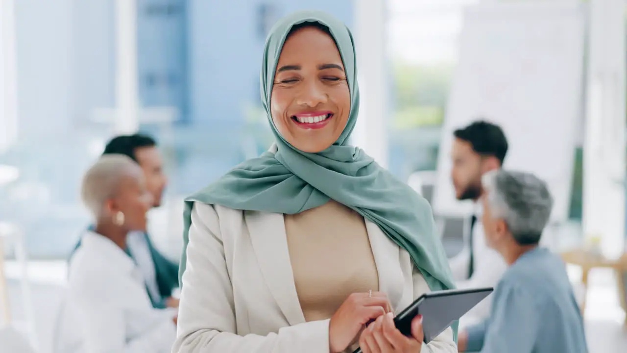 Muslim woman tablet and happy portrait in office