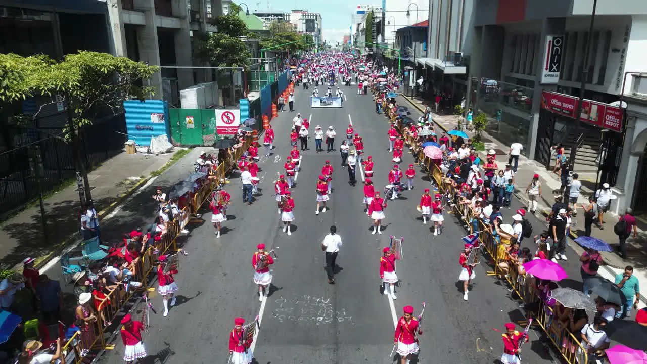 Drone Shot Over School Marching Band During Costa Rica Independence Day Parade