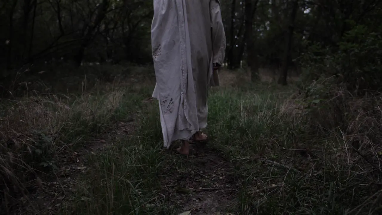 A man wearing a robed walks in slow motion through a bunch of trees