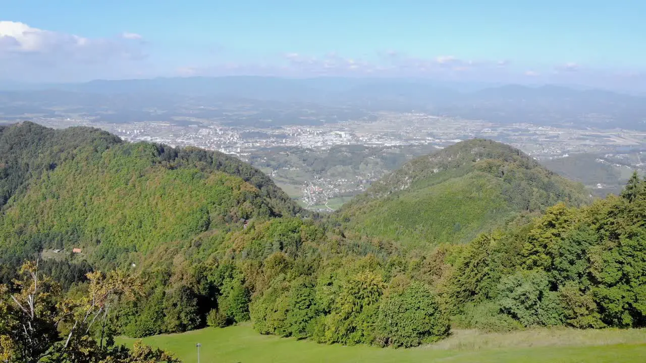 Panning left green forest mountain foliage rustles gently in breeze