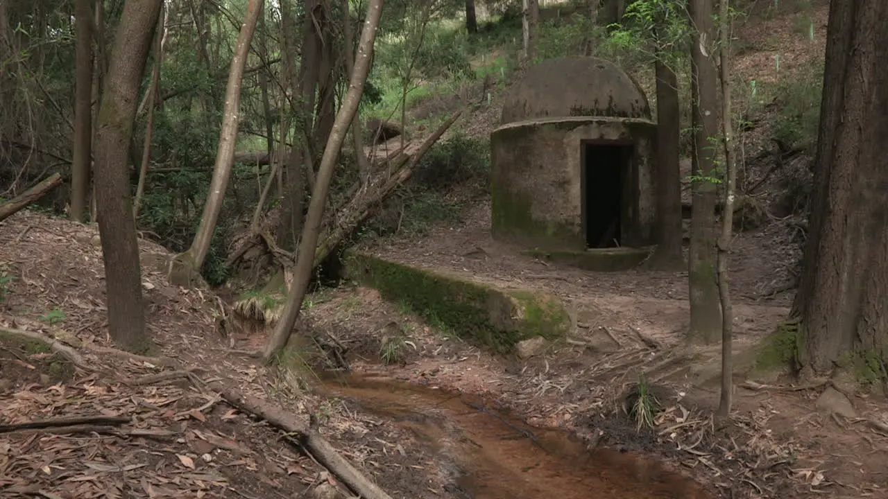 Small fountain with little cement house in the middle of forest trees and running stream