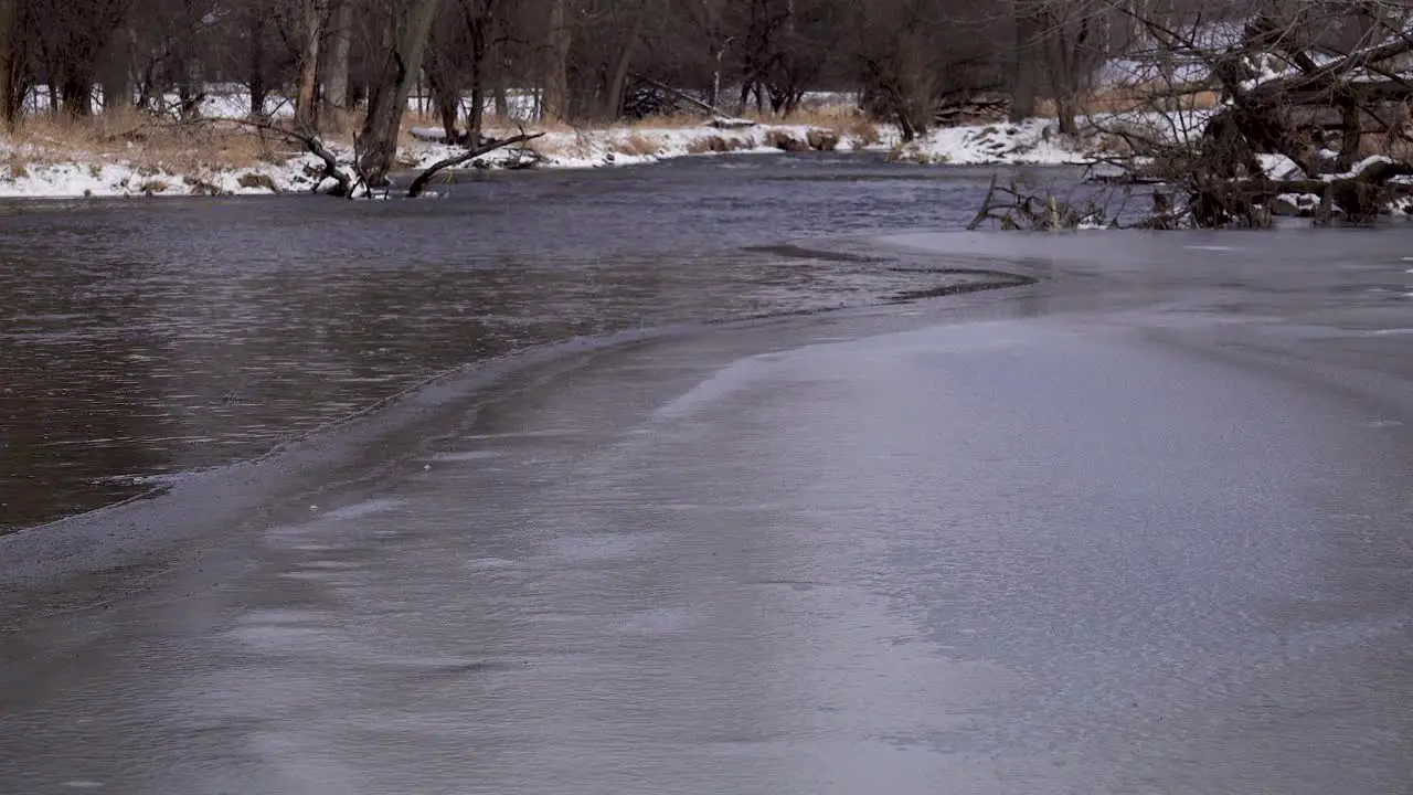 Ice Forming On Flowing River In Winter Forest