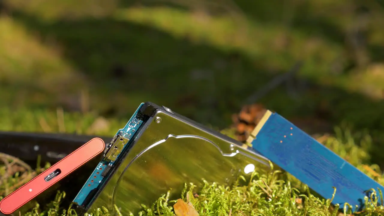 slide out shot of new computer storage hardware in the early morning cozy moss forest