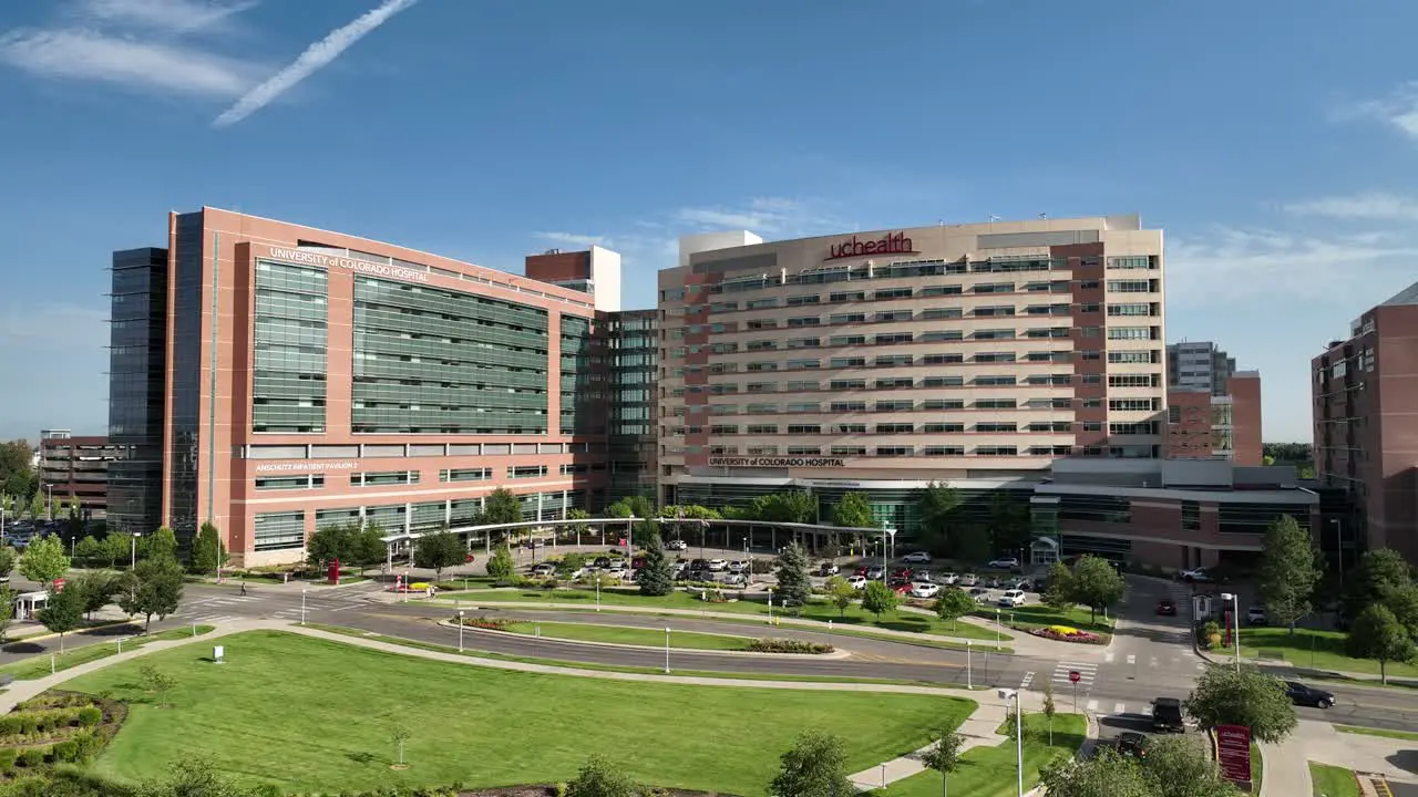 Establishing drone shot of UCHealth Anschutz Inpatient Pavilion in Aurora