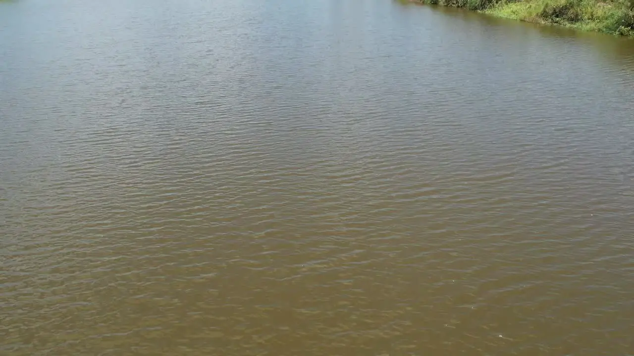 Flying Above Calm Lake With Brownish Water