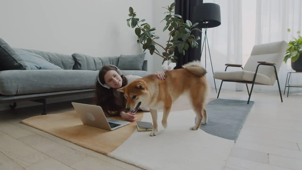 Girl Plays With Her Dog While Working On Her Laptop At Home