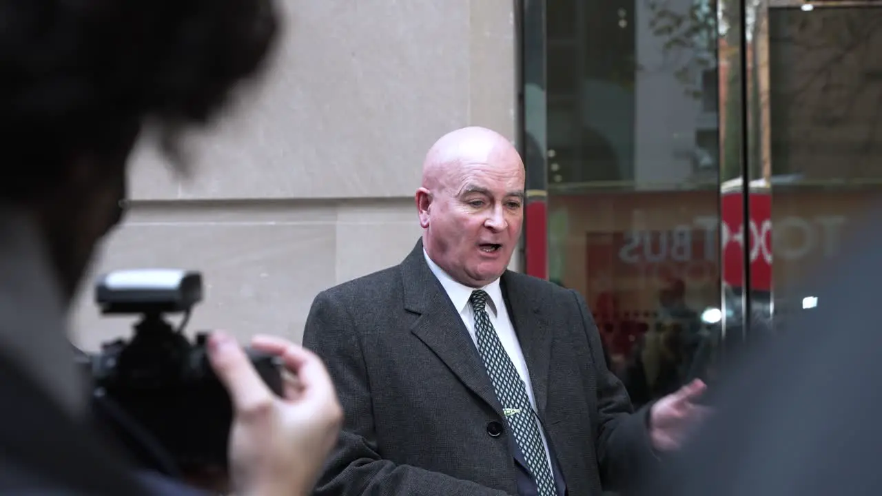 24 November 2022 RMT General Secretary Mick Lynch Talking And Taking Questions From Journalists Outside Department For Transport