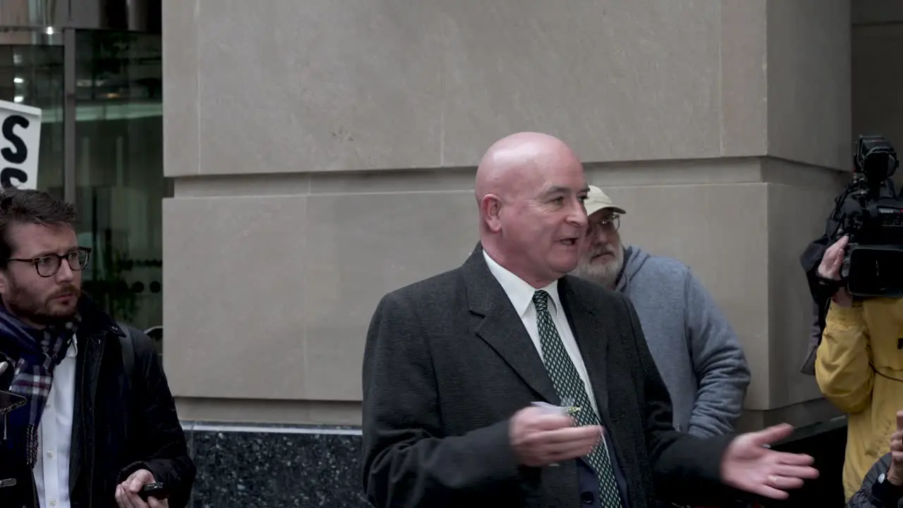 24 November 2022 RMT General Secretary Mick Lynch Gesturing With Hand Talking To Journalists Outside Department For Transport