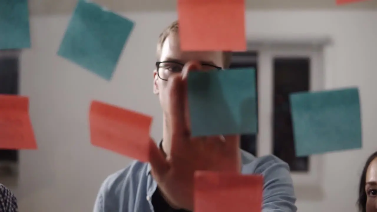 Team Of Three Young People Young Man In Glasses Stick The Colored Papper And Make A Note On It