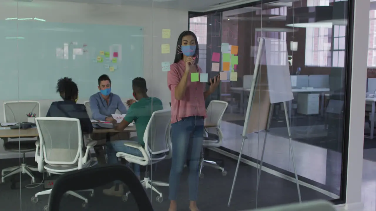 Mixed race businesswoman wearing face mask using memo notes on glass wall