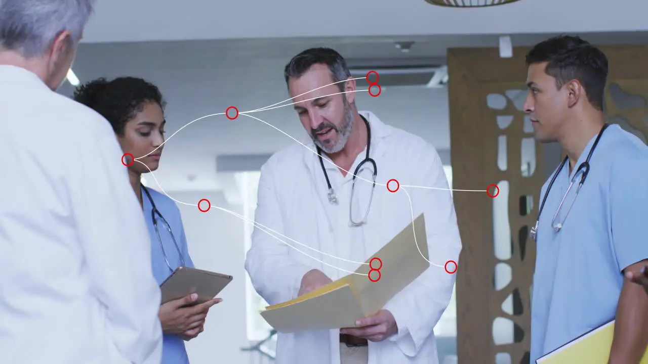 Animation of shapes moving over diverse doctors using tablet and talking