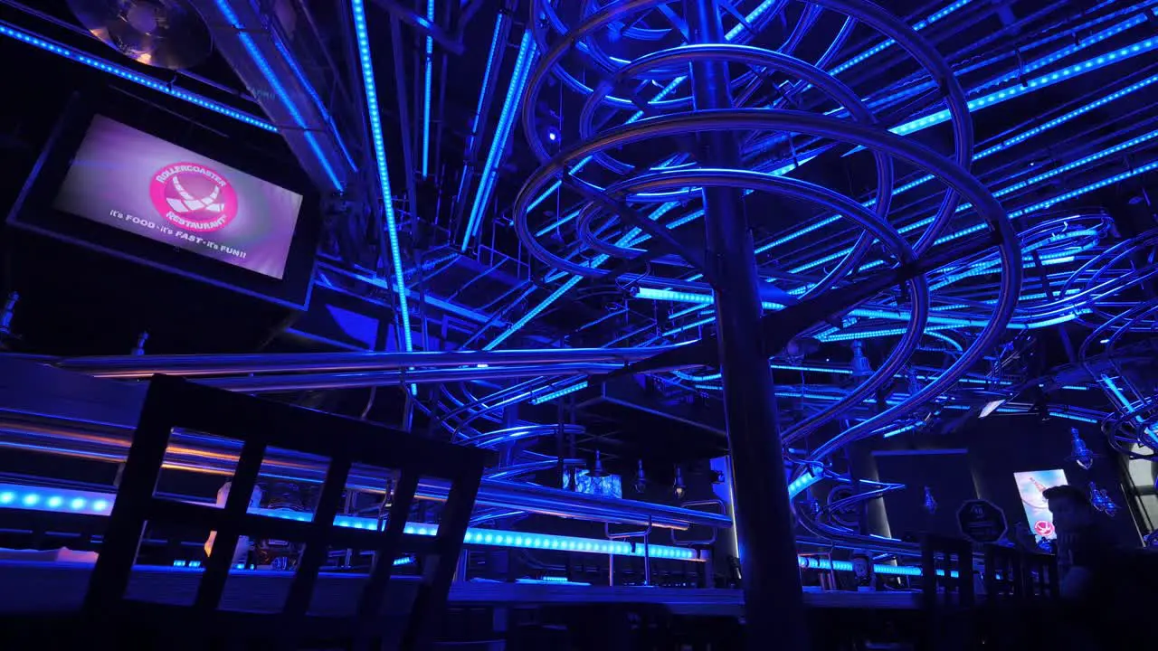 View of interior of restaurant with lighting different colors