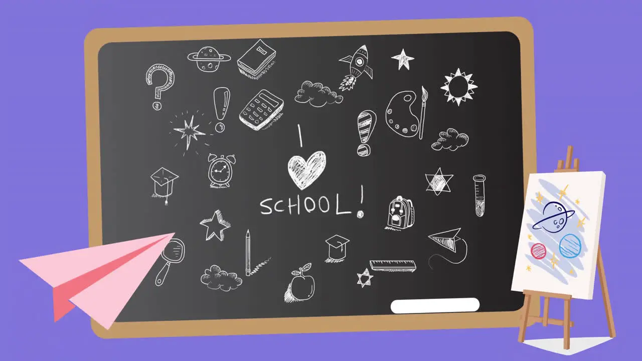 Animation of i love school text over school items icons