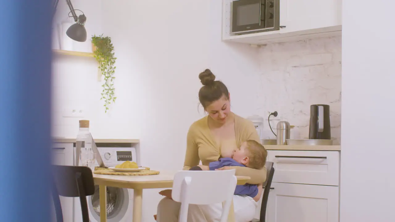 Young Mother Working With Laptop Computer And Breastfeeding Her Baby Boy At Home 1