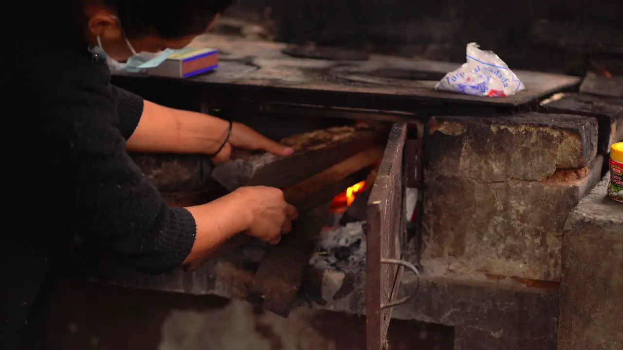 Woman lighting log stove Woman in rural kitchen