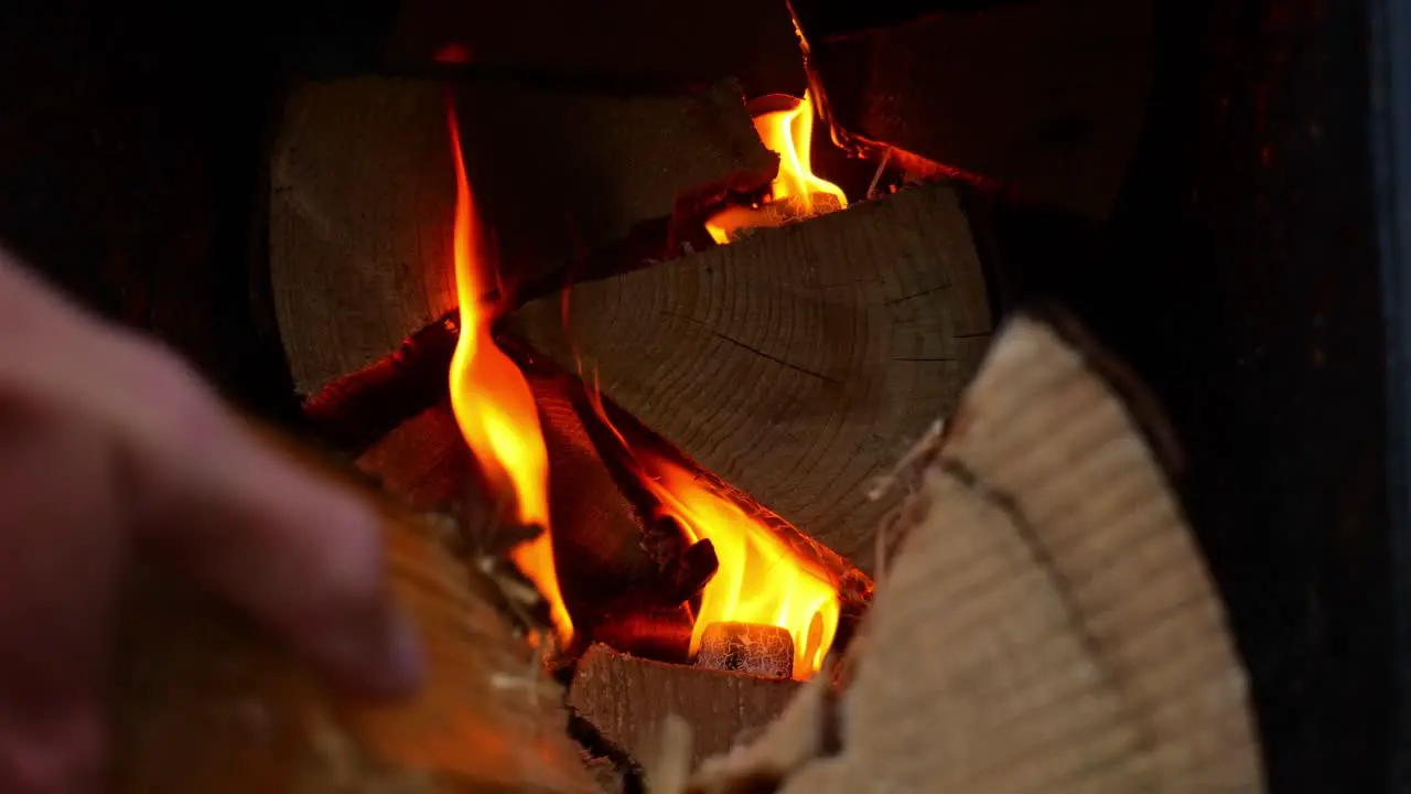 Hand Placing Cut Wood Logs Into Fire