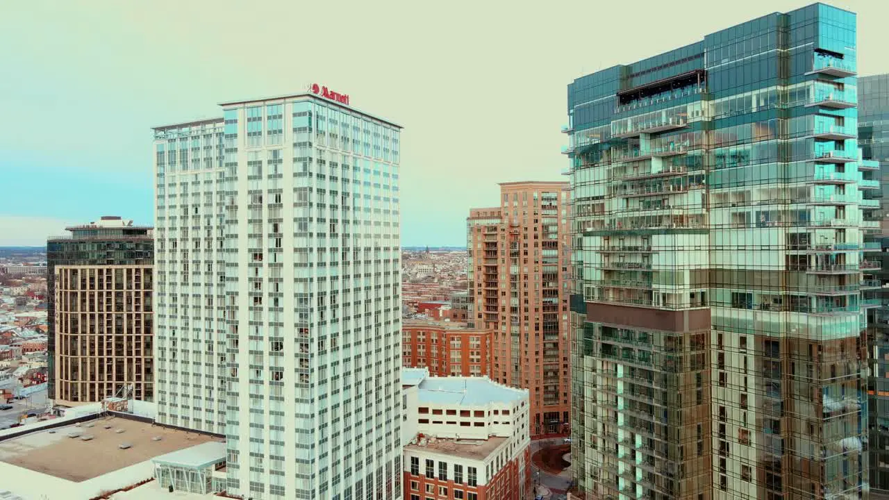 Aerial view of high rise apartments and hotels in downtown Baltimore area