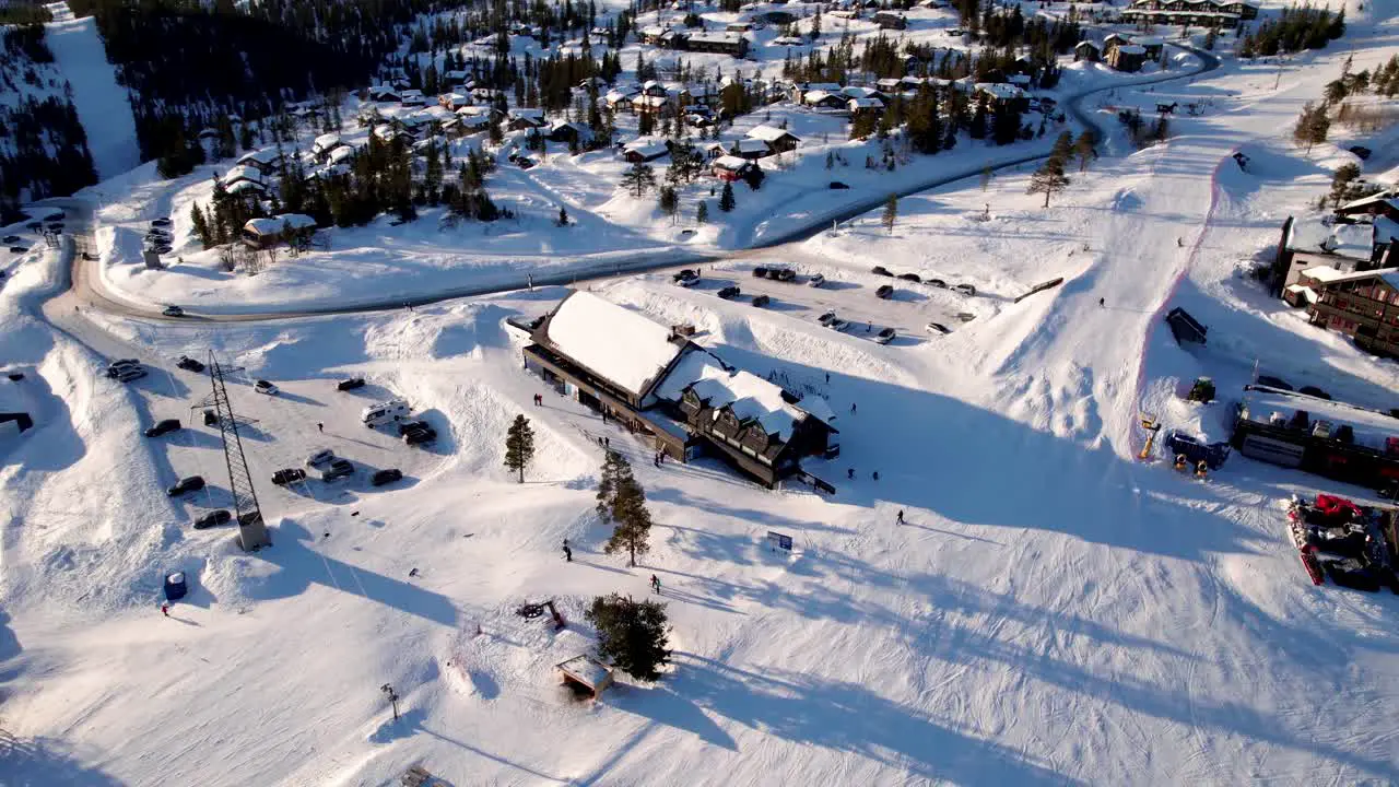 A cinematic view of the base camp Stua at the famous Norefjell ski resort in Norway