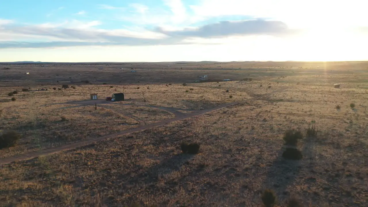 Tiny home drone view of tiny home in Arizona desert