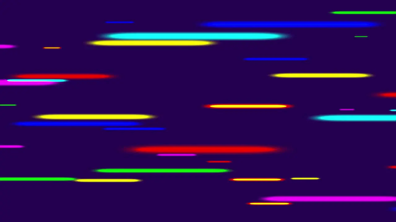 Seamless loop background of 2D animation of glowing horizontal neon lines streaming across the screen