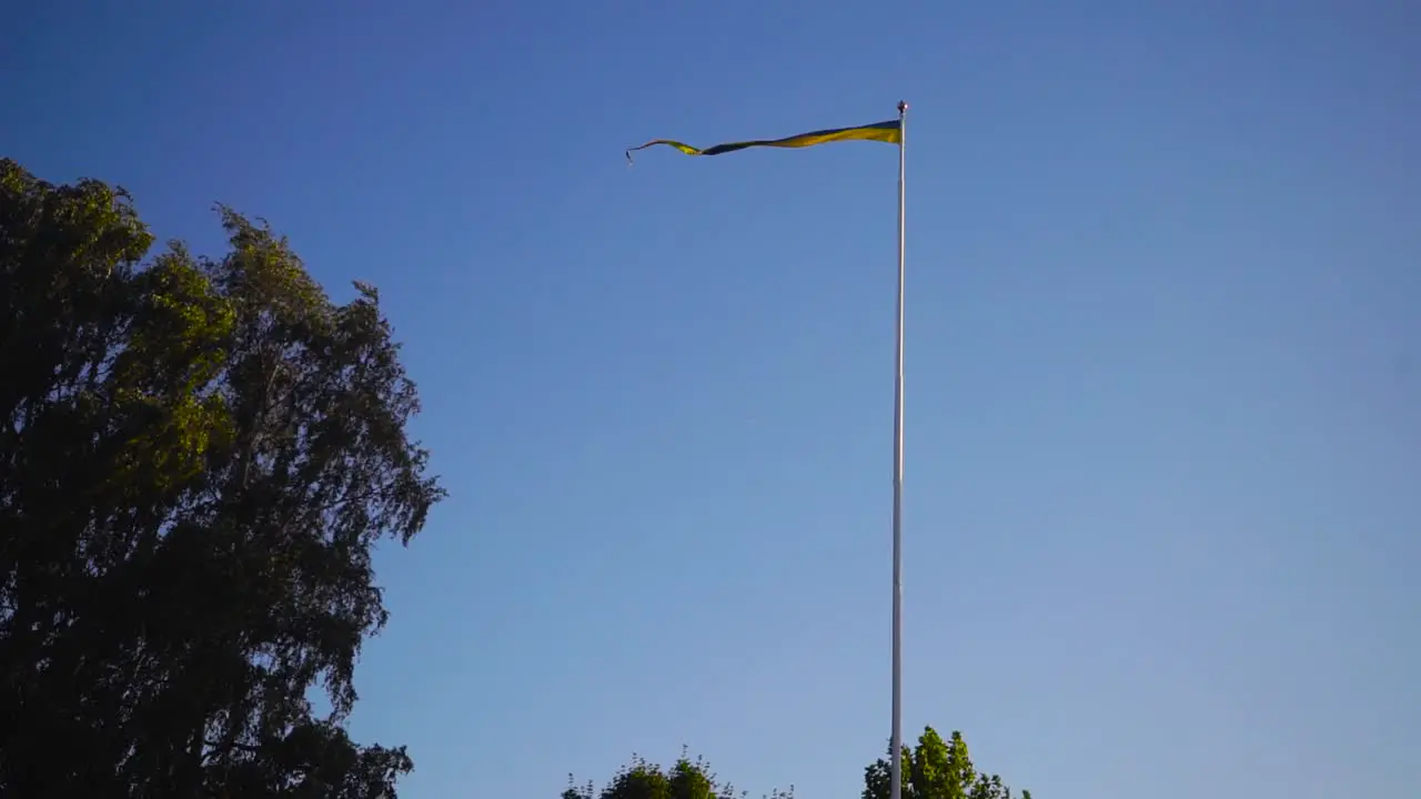 A small swedish flag is waving in the wind with a blue sky in the background