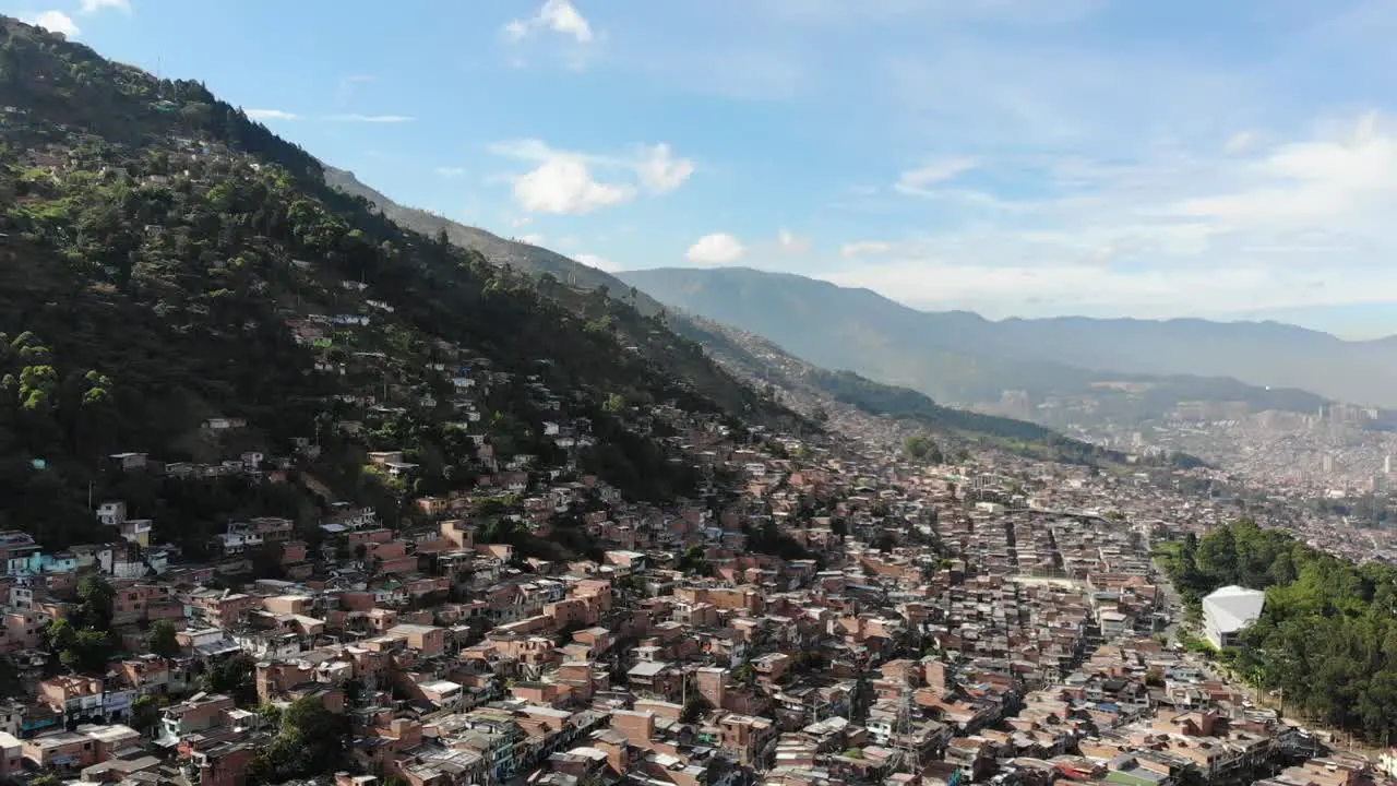 Aerial drone shot over comuna in Medellin Colombia