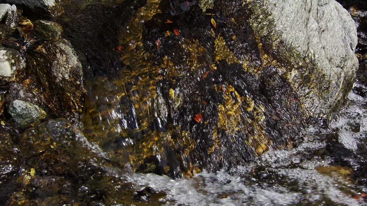 Crystal clear water in slow motion flowing downstream on a mountain river