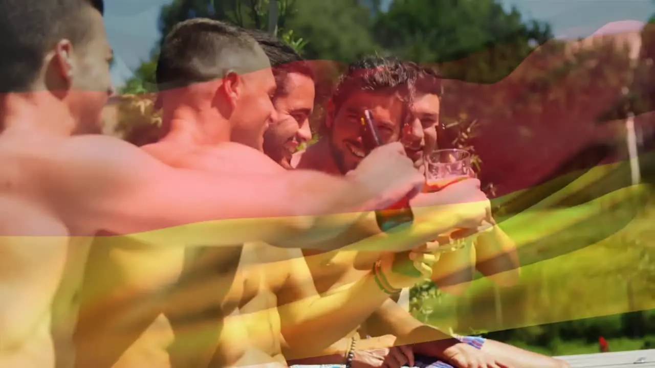 Animation of flag of germany over happy caucasian male friends having fun at swimming pool