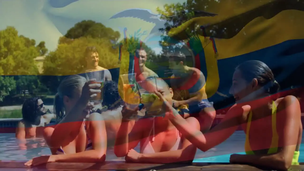 Animation of flag of ecuador over happy caucasian female friends having fun at swimming pool