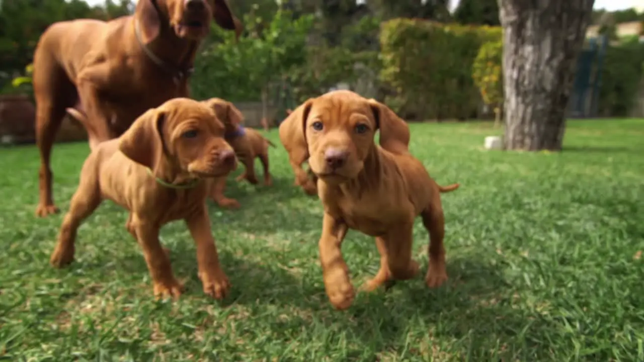 A herd of young vizsla run and have fun all toghether on a green field 01