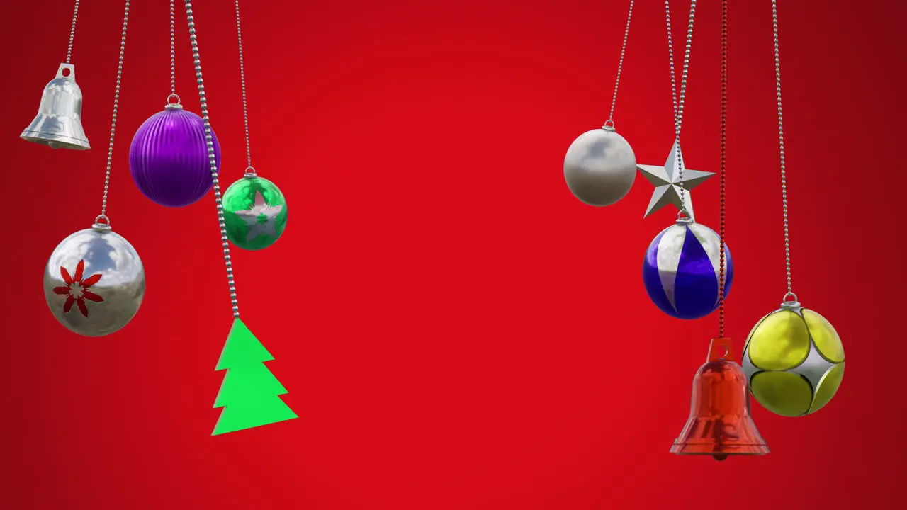 Animation of tree bell star and baubles swinging against red background