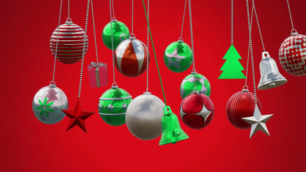 Animation of multicolored baubles stars and bells swinging against red background