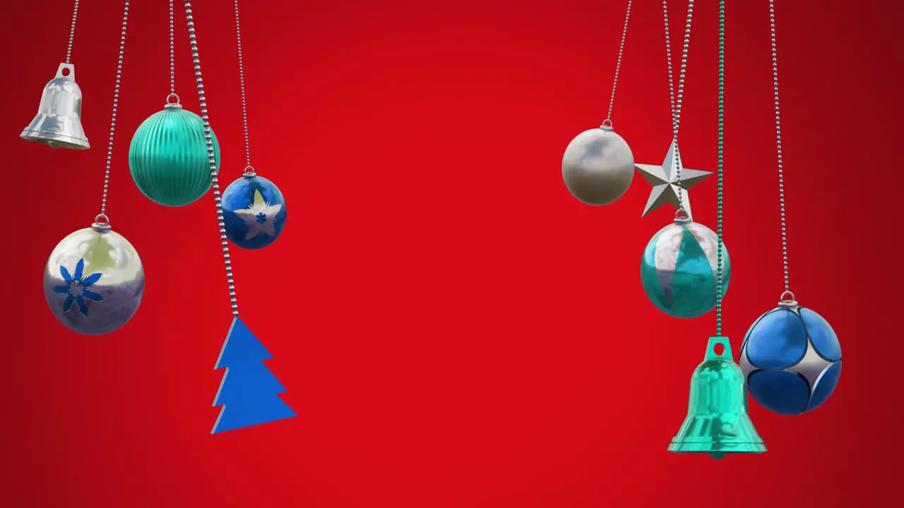 Animation of baubles bells tree and star hanging against red background