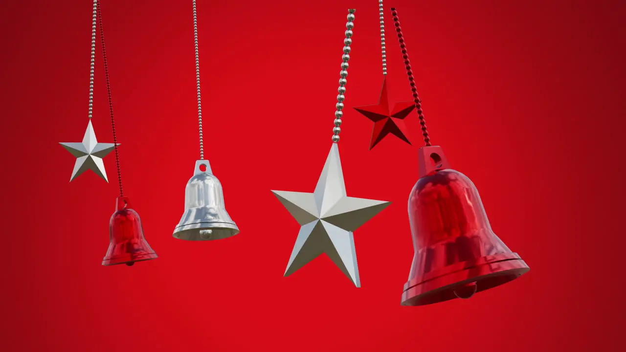 Animation of multiple bells and stars hanging and swinging against red background