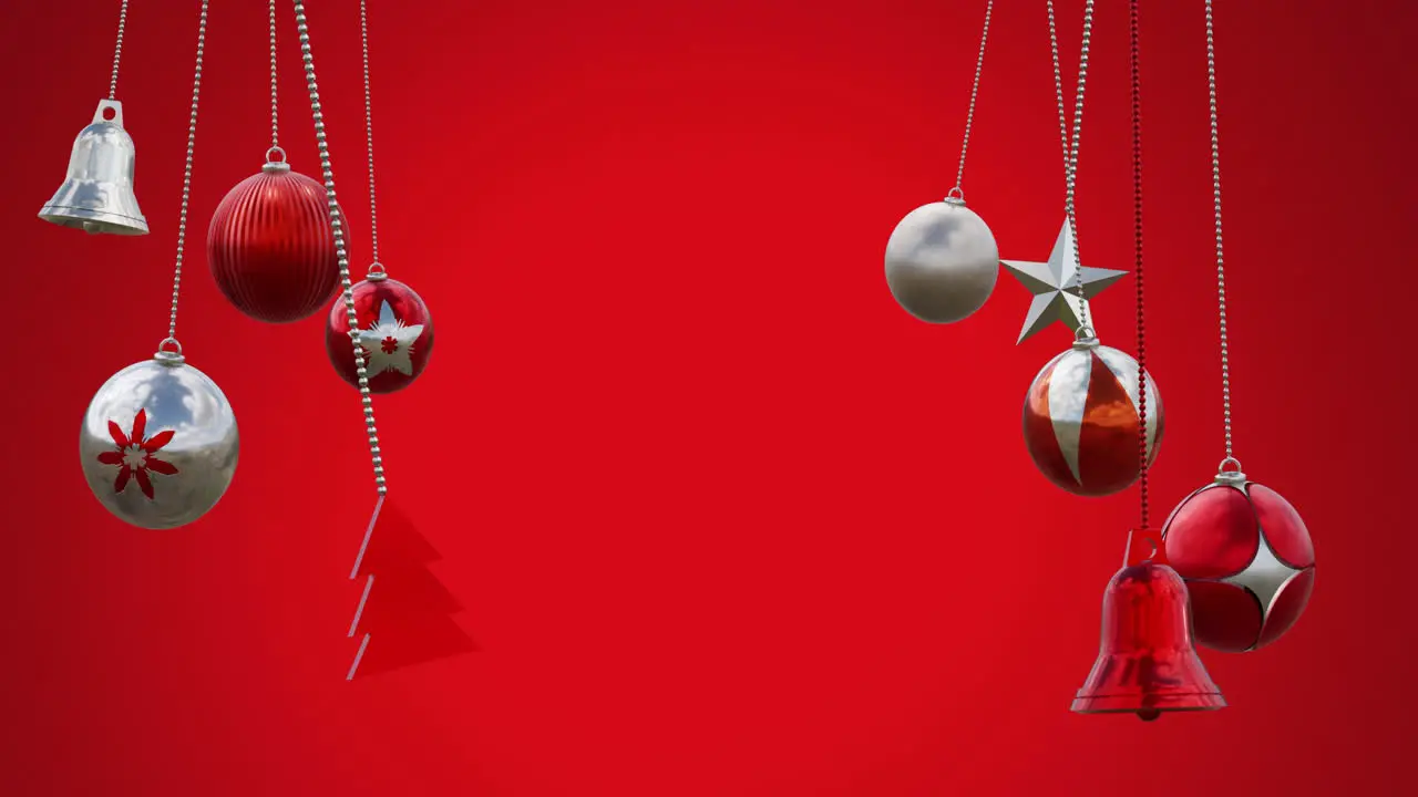 Animation of baubles tree bells and star swinging against red background