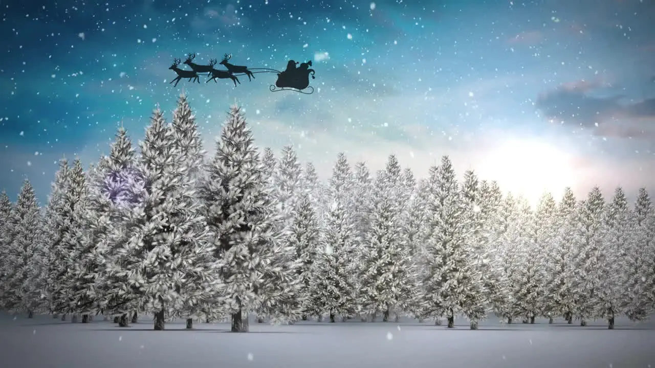 Animation of snowfall and trees over santa riding sleigh with reindeers in sky