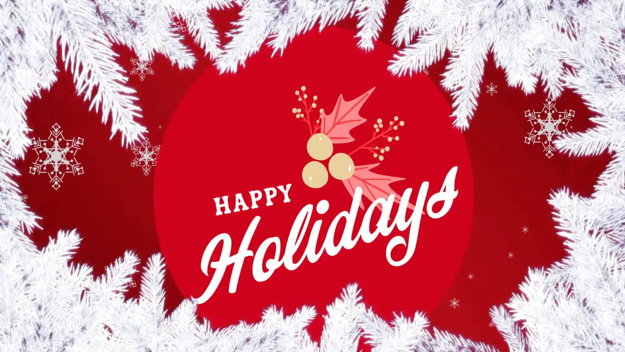 Animation of branches with leaves around snowflakes cherries leaves and happy holidays text