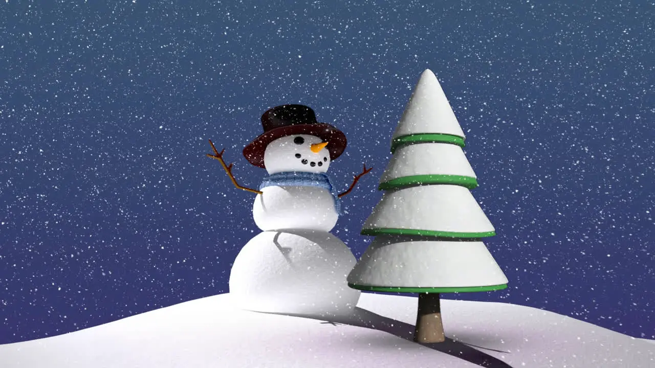 Animation of snowfall over snowman tree on mountain against abstract background