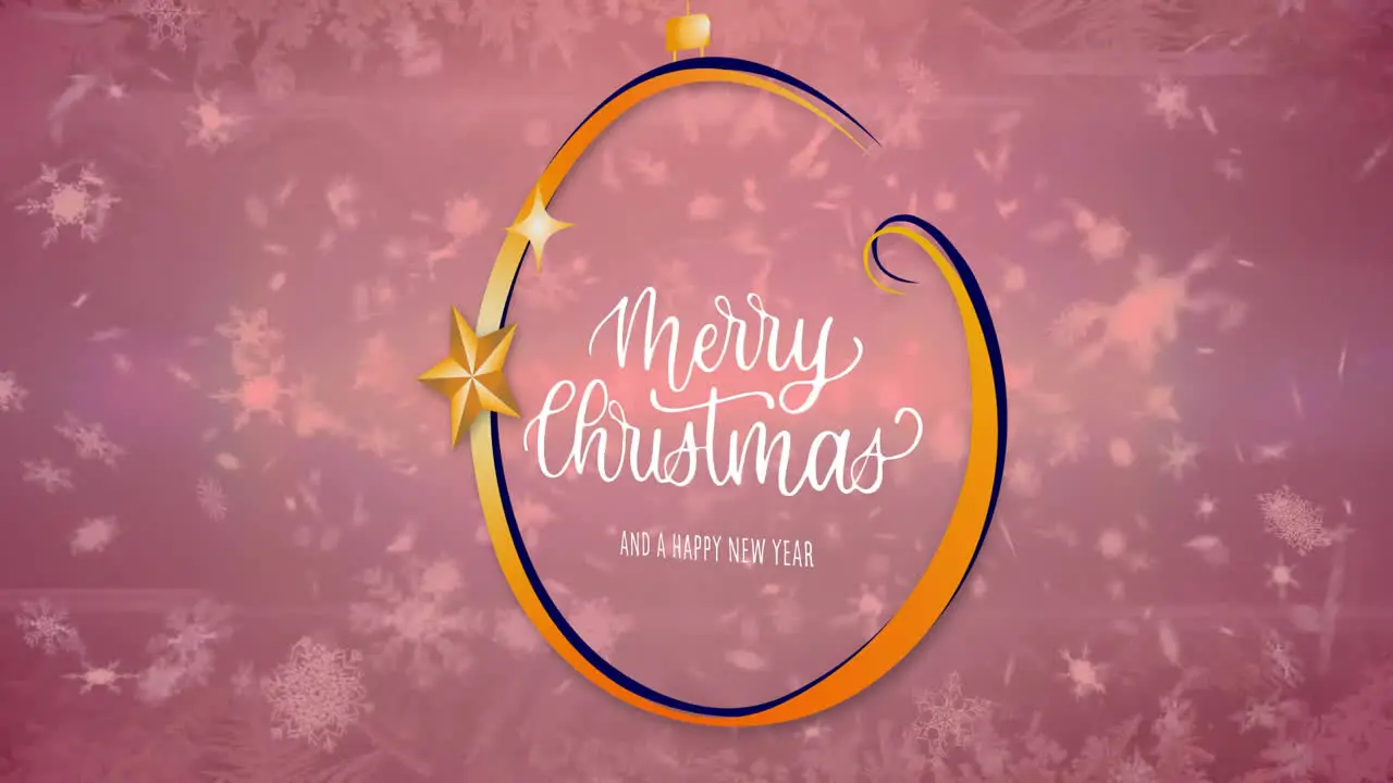 Animation of merry christmas and a happy new year text in bauble snowfall on abstract background