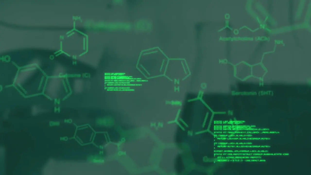 Green data moving over defocussed image of chemistry flasks