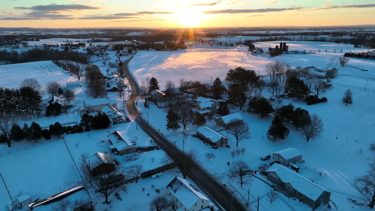 Aerial sunrise in rural American countryside